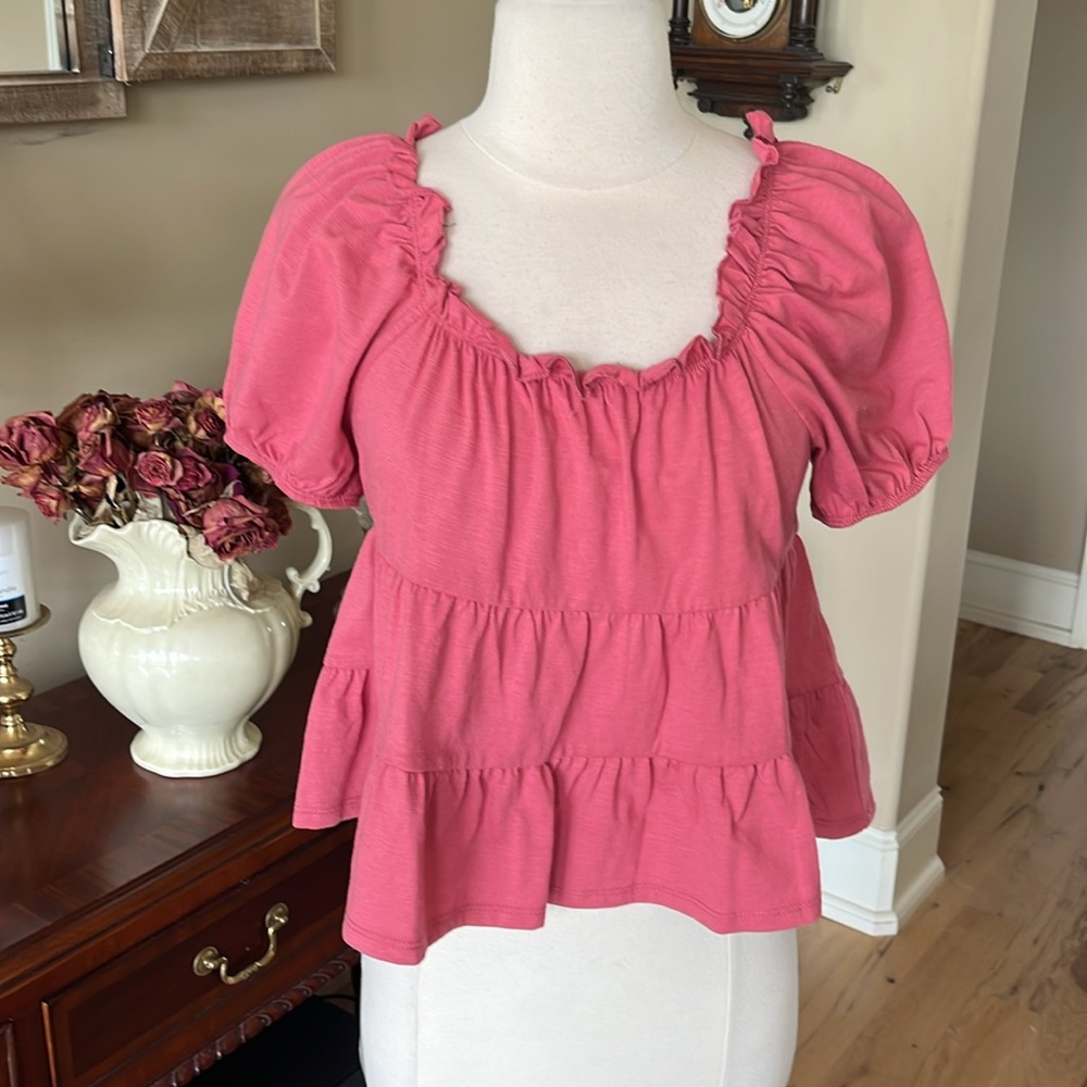 Puffed Sleeve Ruffle Tiered Knit Top Rose Pink